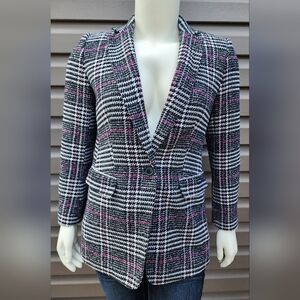 Loft Womens Plaid Blazer Jacket Coat One Button Knit Pink Black Size 10